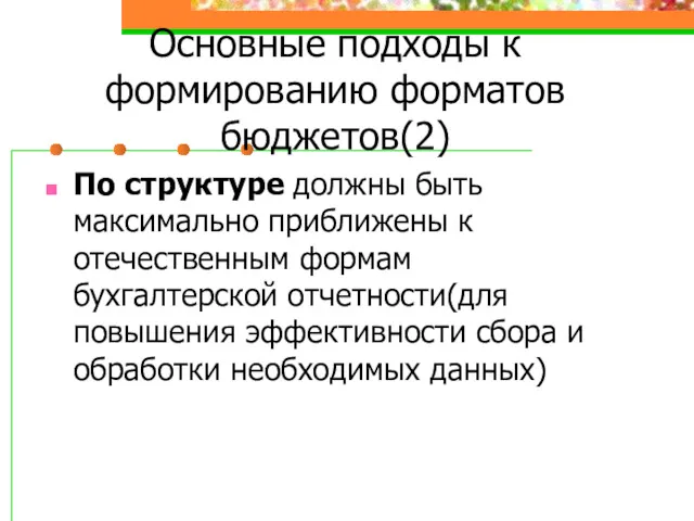 Основные подходы к формированию форматов бюджетов(2) По структуре должны быть