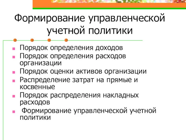 Формирование управленческой учетной политики Порядок определения доходов Порядок определения расходов