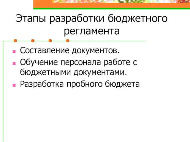 Этапы разработки бюджетного регламента Составление документов. Обучение персонала работе с бюджетными документами. Разработка пробного бюджета