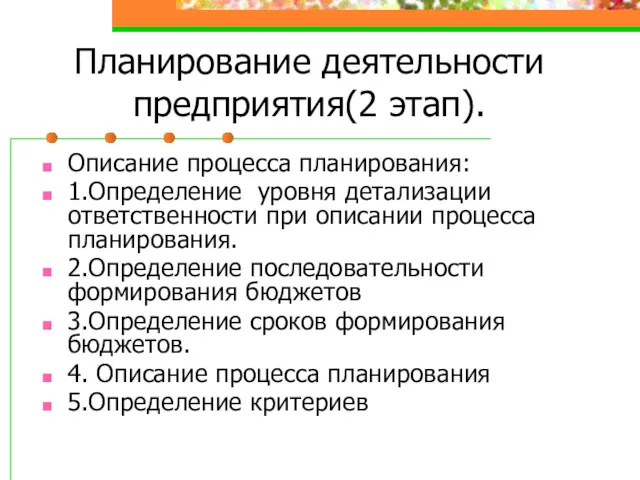 Планирование деятельности предприятия(2 этап). Описание процесса планирования: 1.Определение уровня детализации