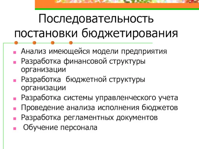 Последовательность постановки бюджетирования Анализ имеющейся модели предприятия Разработка финансовой структуры