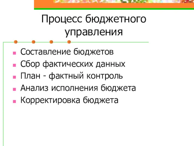 Процесс бюджетного управления Составление бюджетов Сбор фактических данных План -