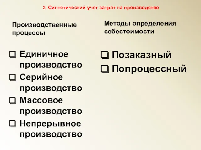 2. Синтетический учет затрат на производство Производственные процессы Единичное производство