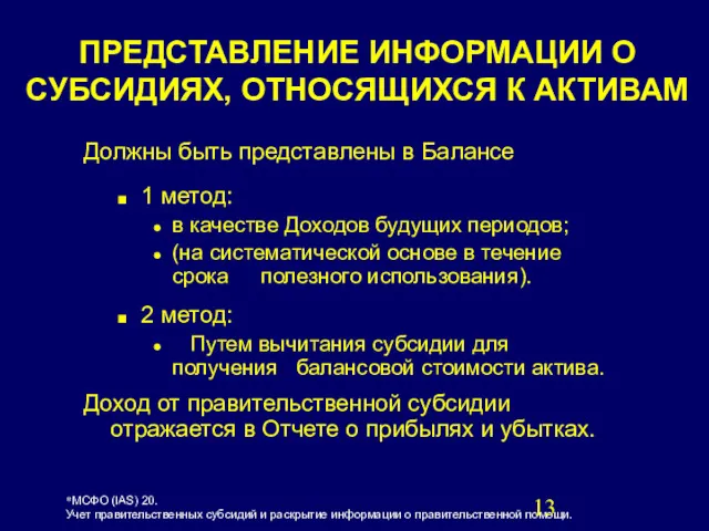 ПРЕДСТАВЛЕНИЕ ИНФОРМАЦИИ О СУБСИДИЯХ, ОТНОСЯЩИХСЯ К АКТИВАМ Должны быть представлены