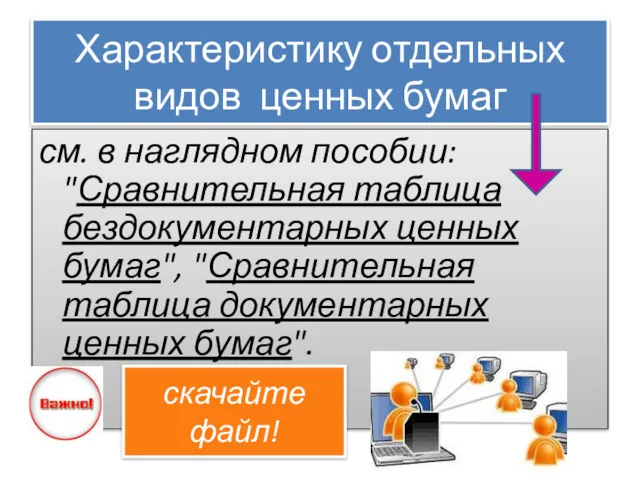 Характеристику отдельных видов ценных бумаг см. в наглядном пособии: "Сравнительная