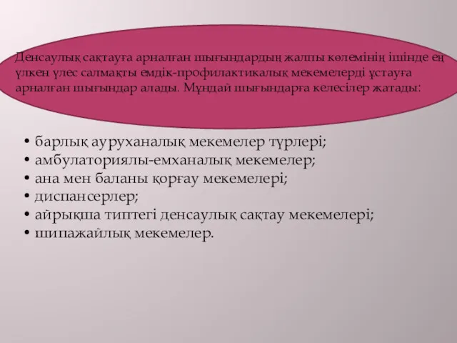 Денсаулық сақтауға арналған шығындардың жалпы көлемінің ішінде ең үлкен үлес