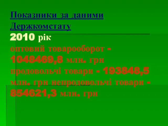 Показники за даними Держкомстату 2010 рік оптовий товарооборот - 1048469,8
