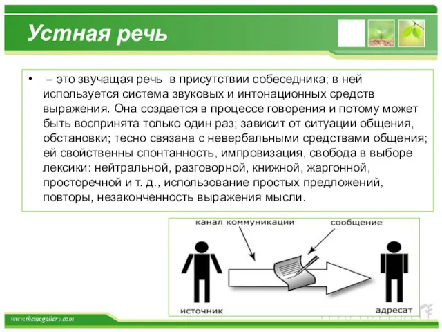 Устная речь – это звучащая речь в присутствии собеседника; в