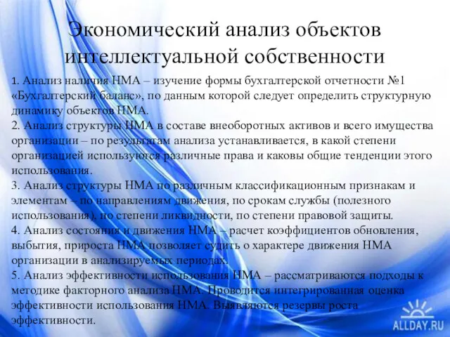 Экономический анализ объектов интеллектуальной собственности 1. Анализ наличия НМА –