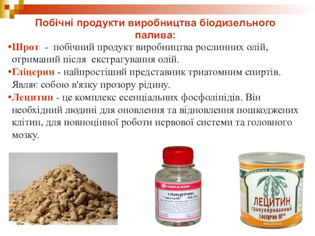 Побічні продукти виробництва біодизельного палива: Шрот - побічний продукт виробництва