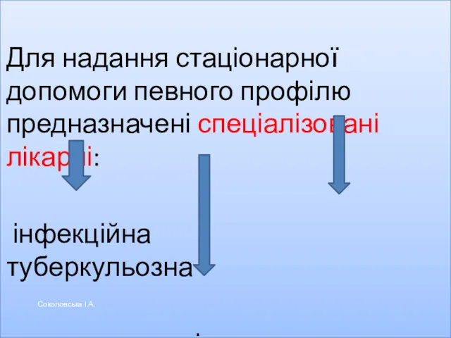 Для надання стаціонарної допомоги певного профілю предназначені спеціалізовані лікарні: інфекційна туберкульозна психіатрична Соколовська І.А.