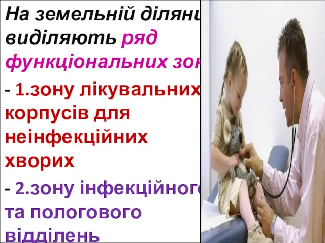 На земельній ділянці виділяють ряд функціональних зон: - 1.зону лікувальних корпусів для неінфекційних