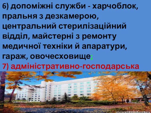 6) допоміжні служби - харчоблок, пральня з дезкамерою, центральний стерилізаційний відділ, майстерні з