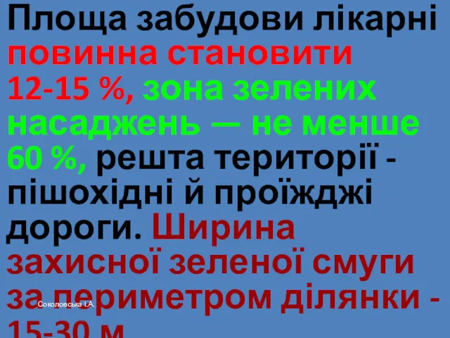 Площа забудови лікарні повинна становити 12-15 %, зона зелених насаджень — не менше