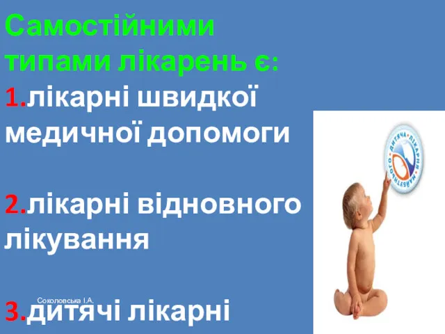 Самостійними типами лікарень є: 1.лікарні швидкої медичної допомоги 2.лікарні відновного лікування 3.дитячі лікарні Соколовська І.А.