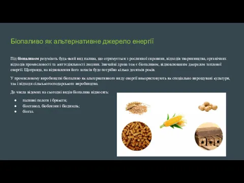 Біопаливо як альтернативне джерело енергії Під біопаливом розуміють будь-який вид