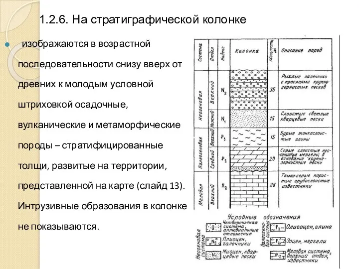 1.2.6. На стратиграфической колонке изображаются в возрастной последовательности снизу вверх