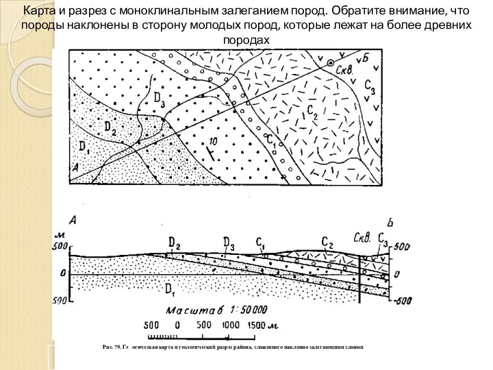 Карта и разрез с моноклинальным залеганием пород. Обратите внимание, что