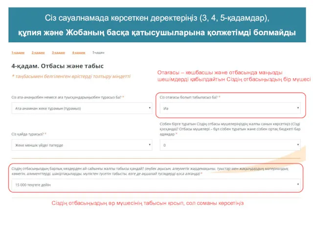 Сіз сауалнамада көрсеткен деректеріңіз (3, 4, 5-қадамдар), құпия және Жобаның