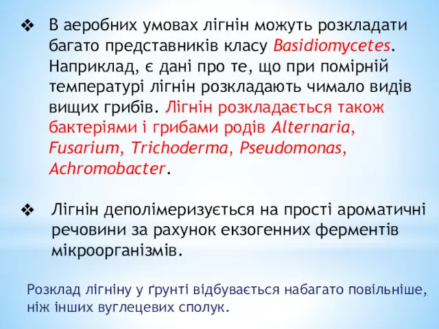 В аеробних умовах лігнін можуть розкладати багато представників класу Basidiomycetes. Наприклад, є дані