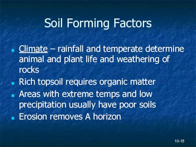 Soil Forming Factors Climate – rainfall and temperate determine animal