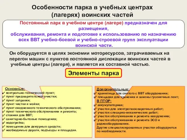 Особенности парка в учебных центрах (лагерях) воинских частей Постоянный парк