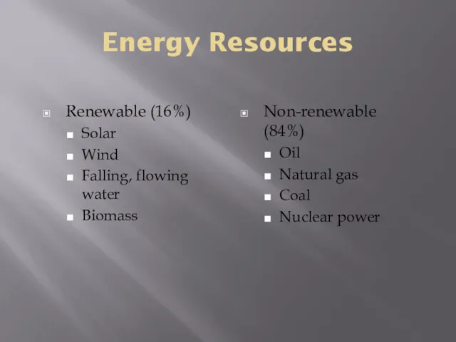 Energy Resources Renewable (16%) Solar Wind Falling, flowing water Biomass