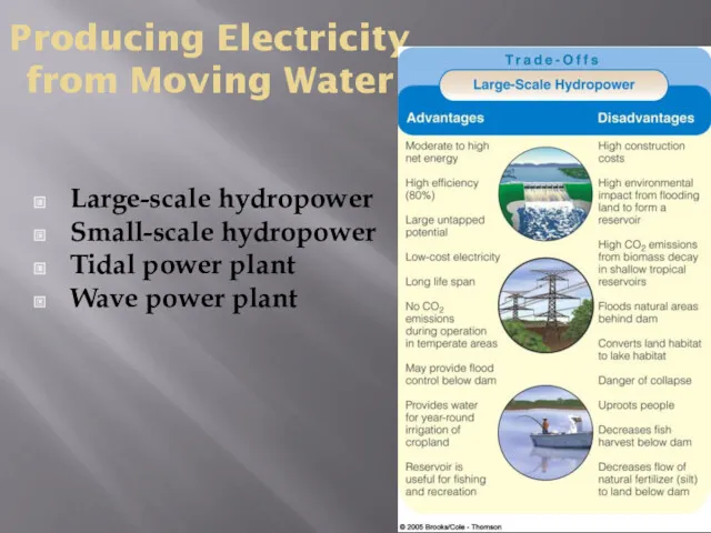 Producing Electricity from Moving Water Large-scale hydropower Small-scale hydropower Tidal power plant Wave power plant