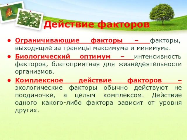 Действие факторов Ограничивающие факторы – факторы, выходящие за границы максимума