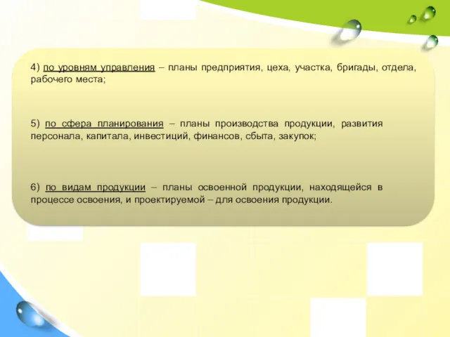 4) по уровням управления – планы предприятия, цеха, участка, бригады,