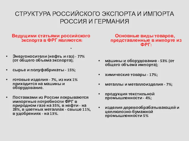 СТРУКТУРА РОССИЙСКОГО ЭКСПОРТА И ИМПОРТА РОССИЯ И ГЕРМАНИЯ Ведущими статьями