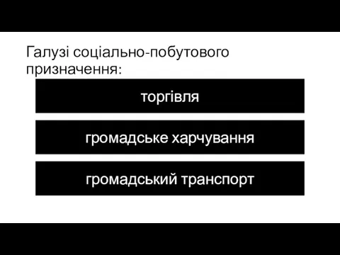 Галузі соціально-побутового призначення: житлово-комунальне господарство готельне господарство торгівля громадське харчування громадський транспорт