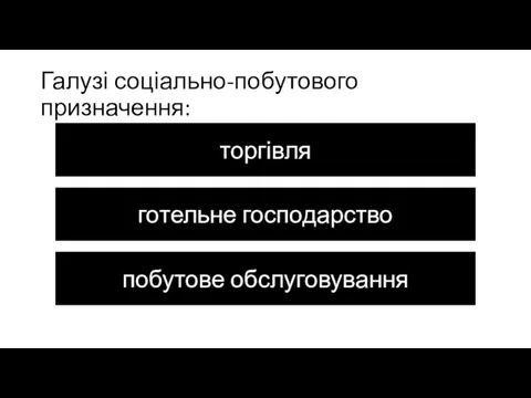 Галузі соціально-побутового призначення: житлово-комунальне господарство готельне господарство побутове обслуговування торгівля