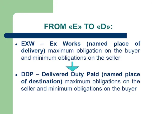 FROM «E» TO «D»: EXW – Ex Works (named place of delivery) maximum