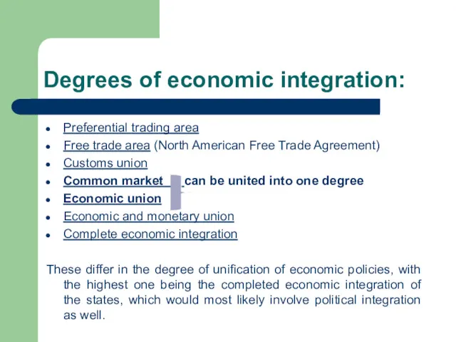 Degrees of economic integration: Preferential trading area Free trade area (North American Free