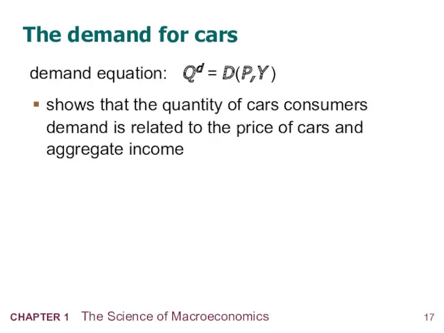 The demand for cars demand equation: Q d = D