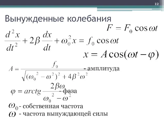 Вынужденные колебания - амплитуда - фаза - собственная частота - частота вынуждающей силы