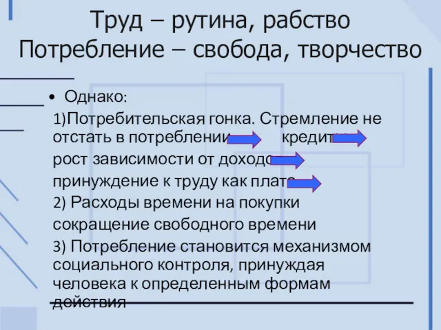 Труд – рутина, рабство Потребление – свобода, творчество Однако: 1)Потребительская