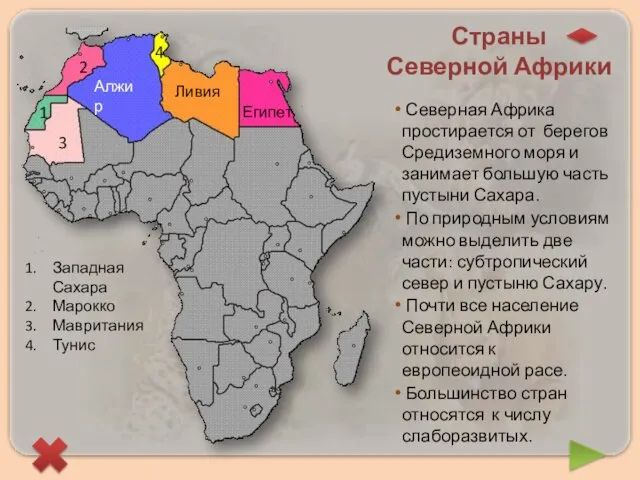 Страны Северной Африки Египет Ливия Алжир 3 4 1 2