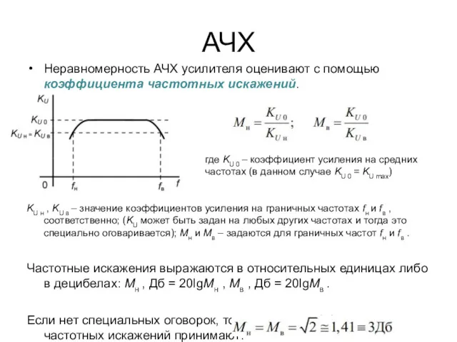 АЧХ Неравномерность АЧХ усилителя оценивают с помощью коэффициента частотных искажений.