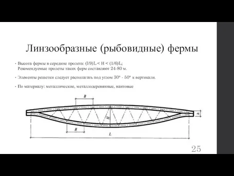 Линзообразные (рыбовидные) фермы Высота фермы в середине пролета: (l/9)L Элементы