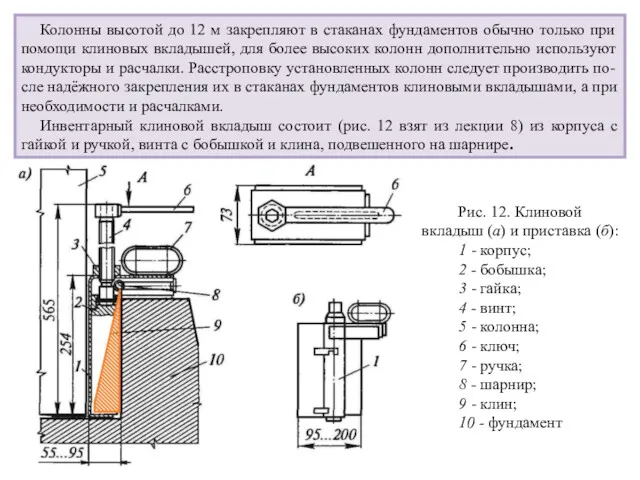 Колонны высотой до 12 м закрепляют в стаканах фундаментов обычно