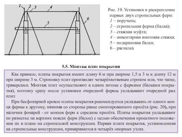 Рис. 19. Установка и раскрепление первых двух стропильных ферм: 1