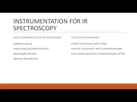 INSTRUMENTATION FOR IR SPECTROSCOPY MAIN COMPONENTS OF AN INSTRUMENT radiation