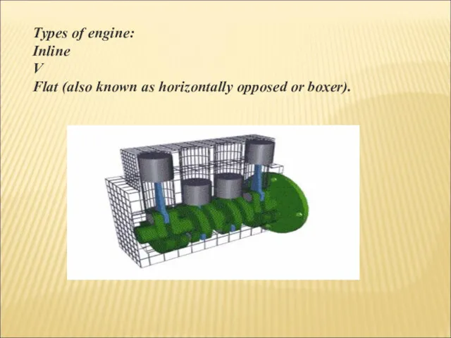 Types of engine: Inline V Flat (also known as horizontally opposed or boxer).