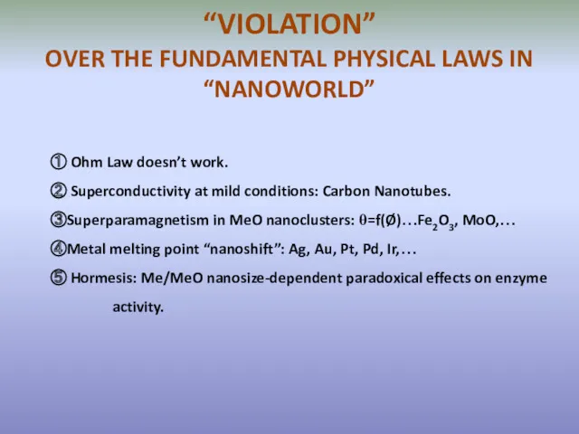 “VIOLATION” OVER THE FUNDAMENTAL PHYSICAL LAWS IN “NANOWORLD” ① Ohm