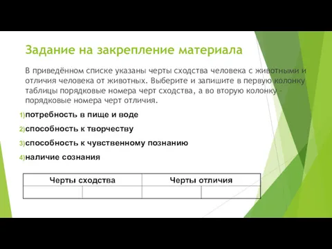 Задание на закрепление материала В приведённом списке указаны черты сходства