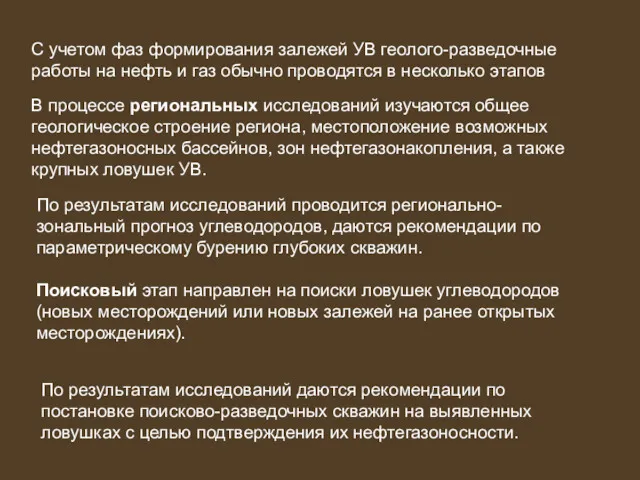 С учетом фаз формирования залежей УВ геолого-разведочные работы на нефть