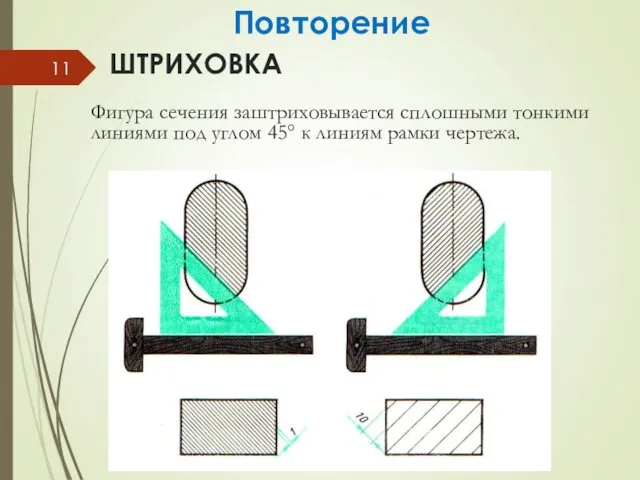 ШТРИХОВКА Фигура сечения заштриховывается сплошными тонкими линиями под углом 45° к линиям рамки чертежа. Повторение