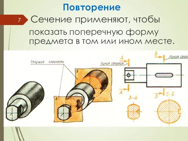 Сечение применяют, чтобы показать поперечную форму предмета в том или ином месте. Повторение